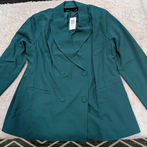 NWT Teal Studio Relaxed Double-Breasted Crepe Blazer - Picture 8 of 11